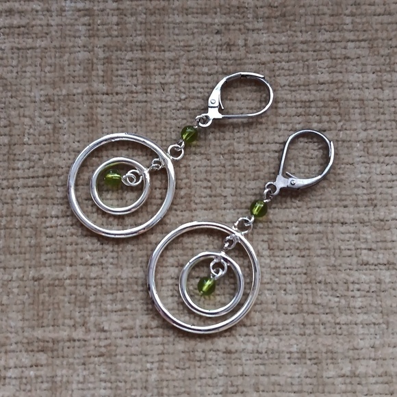 Silver Tone Double Ring  Green Beaded Dangle Earrings - Picture 2 of 5